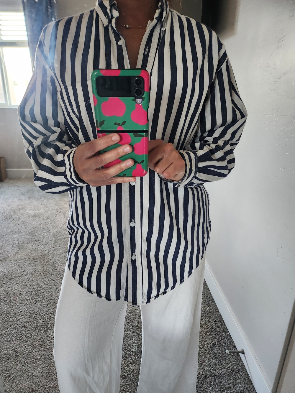 VTG Navy and White Vertical Stripe Button-Down Shirt